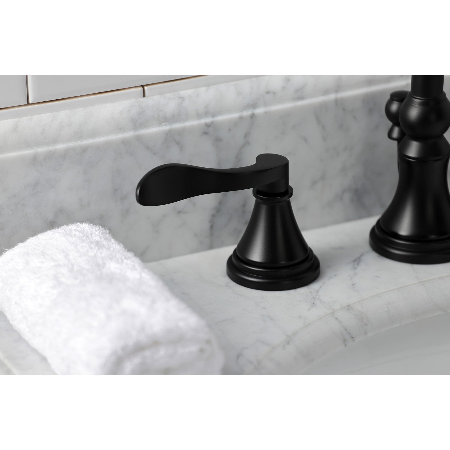 Kingston Tulare KS2980DFL - NuFrench Two-Handle 3-Hole Deck Mount Widespread Bathroom Faucet with Brass Pop-Up, Matte Black — thumbnail 2